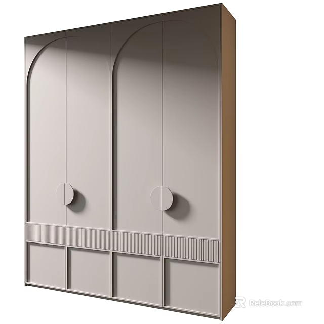 Modern Light Gray Wardrobe With Arched Doors Round Knobs And Decorative Panels 3d model 