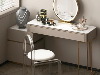 Modern Dressing Table Interior With Round Gold Frame Mirror White Countertop And Transparent Chair 3d model
