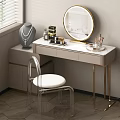 Modern Dressing Table Interior With Round Gold Frame Mirror White Countertop And Transparent Chair