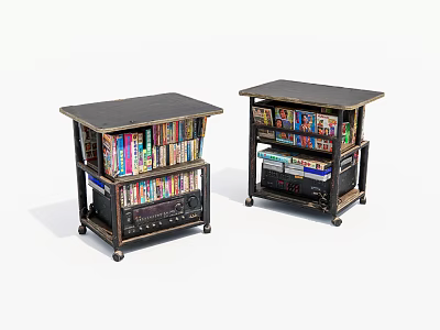 Two Vintage Side Tables Filled With Books And Cassette Tapes Rustic Wooden Design 3d model