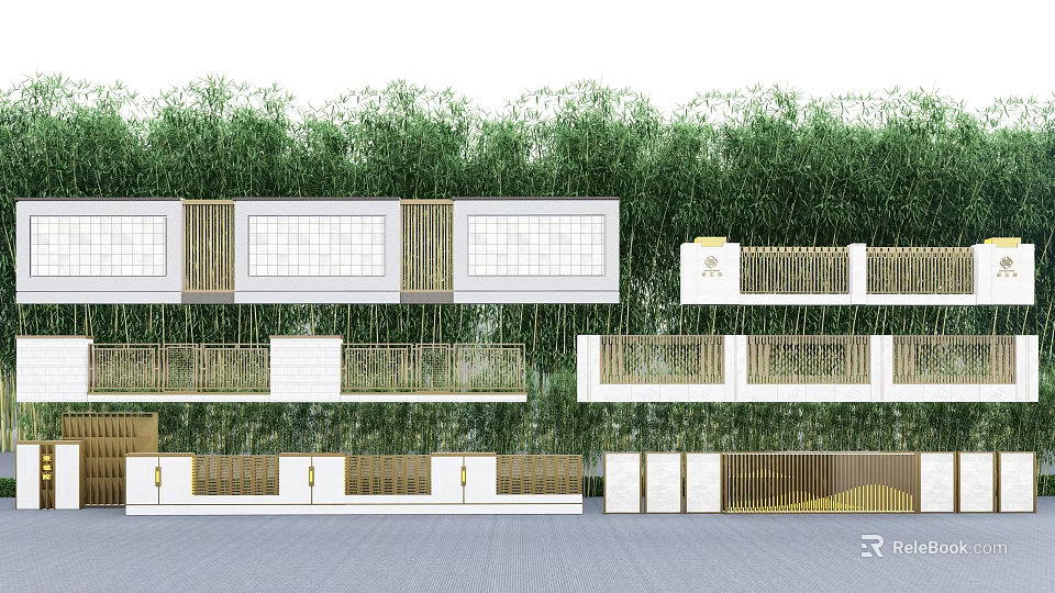 Scenic Wall Design With White Panels Golden Accents And Bamboo Backdrop 3d model 