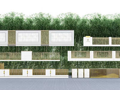 Scenic Wall Design With White Panels Golden Accents And Bamboo Backdrop 3d model