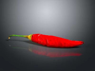 Fresh Red Chili Pepper with Green Stem on Gray Background with Reflection 3d model