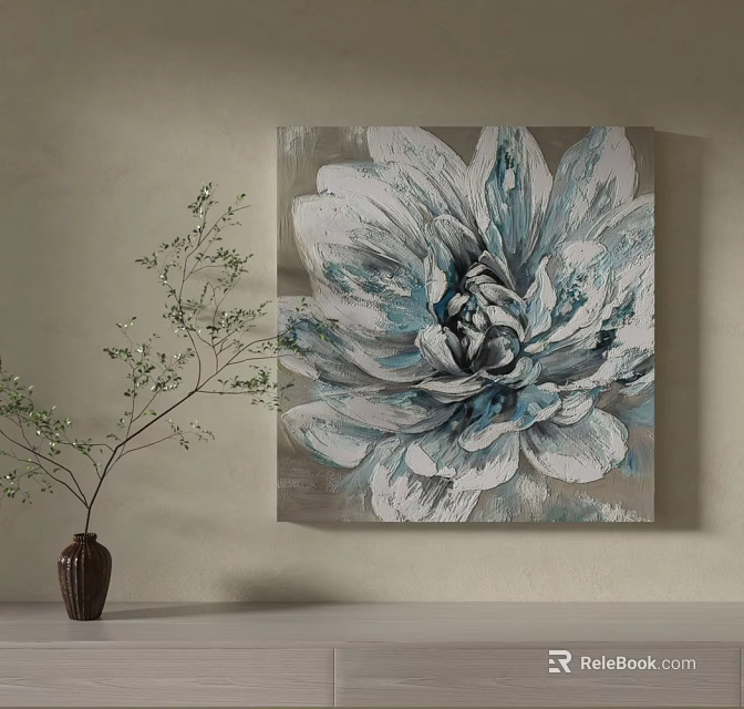 Elegant Botanical Painting Of Large White And Blue Flower With Gray Background And Decorative Vase 3d model 