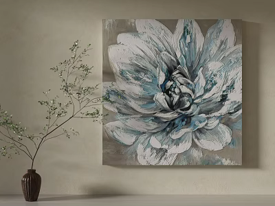 Elegant Botanical Painting Of Large White And Blue Flower With Gray Background And Decorative Vase 3d model