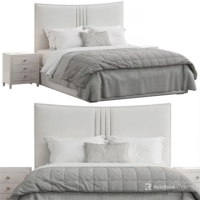 Modern Double Bed With Upholstered Headboard Gray Quilt And White Pillows 3d model 
