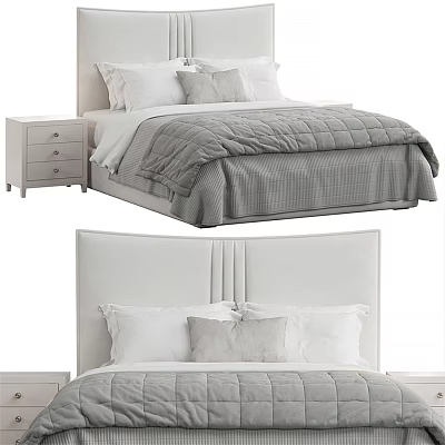 Modern Double Bed With Upholstered Headboard Gray Quilt And White Pillows 3d model