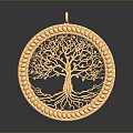 Golden Circular Pendant With Intricate Tree Design And Decorative Filigree Border