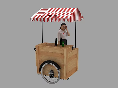 Wooden Food Cart With Striped Canopy And Bottles 3d model