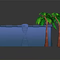 Cartoon Adventure Scene With Blue Walls Palm Trees Brown Ground And Character