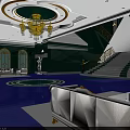 Elegant Service Hall Interior With Chandelier Marble Floor Sofa Statues And Green Walls