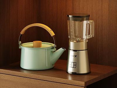 Stylish Modern Kitchen Appliances Featuring Teapot And Blender On Wooden Shelf 3d model