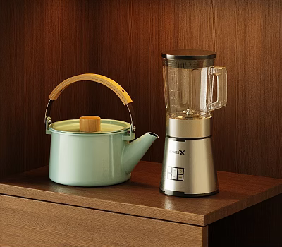 Stylish Modern Kitchen Appliances Featuring Teapot And Blender On Wooden Shelf 3d model