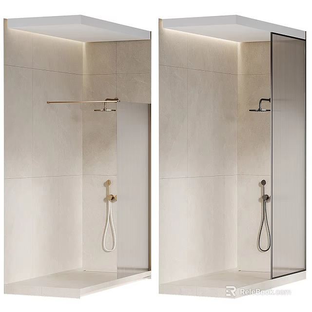 Modern Shower Head Fixture in Tiled Shower Room with Glass Partition and Metal Finish 3d model 