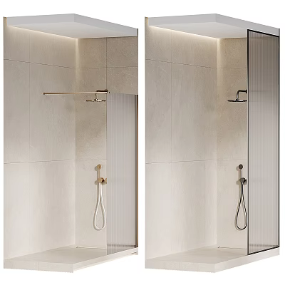 Modern Shower Head Fixture in Tiled Shower Room with Glass Partition and Metal Finish 3d model