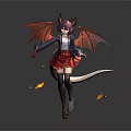 Game Movie Character With Pink Hair Horns Red Wings Tail School Uniform And Falling Leaves