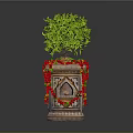 Decorative Planter With Green Plant Red Garland And Arch Design