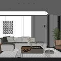 Elegant Modern Living Room Interior With Light Colored Sofa Geometric Wall Art And Floor Lamp