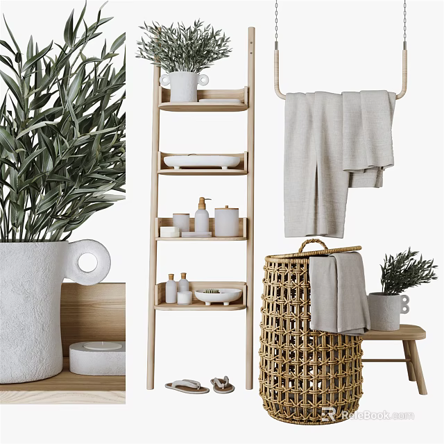 Bathroom Accessories With Wooden Shelf Gray Towels Soap Dispenser Wicker Basket And Green Plant 3d model 