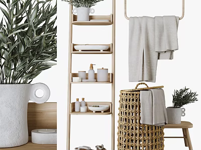 Bathroom Accessories With Wooden Shelf Gray Towels Soap Dispenser Wicker Basket And Green Plant 3d model