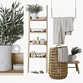 Bathroom Accessories With Wooden Shelf Gray Towels Soap Dispenser Wicker Basket And Green Plant