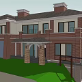 Classic Two Story Detached Villa With Waterfront Green Lawn Large Windows And Brick Exterior