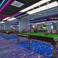 Modern Billiard Room With Multiple Pool Tables Colorful Lights And Comfortable Seating