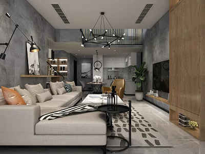 Modern Living Room Interior With Gray Walls Sofa Rug And Wooden TV Cabinet 3d model