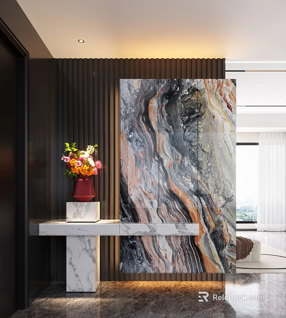Modern Entryway Hallway Interior Design With Marble Console Table Flower Vase And Textured Wall 3d model 