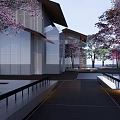 Tree Planters In Modern Architecture Outdoor Space With Cherry Blossom Trees And Pedestrians