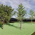 Tall Arbor Trees With Support Structures On Green Lawn Under Blue Sky 3d model
