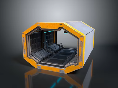 Yellow And Gray Hexagonal Industrial Chamber Interior With Seats And Equipment 3d model