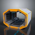 Yellow And Gray Hexagonal Industrial Chamber Interior With Seats And Equipment