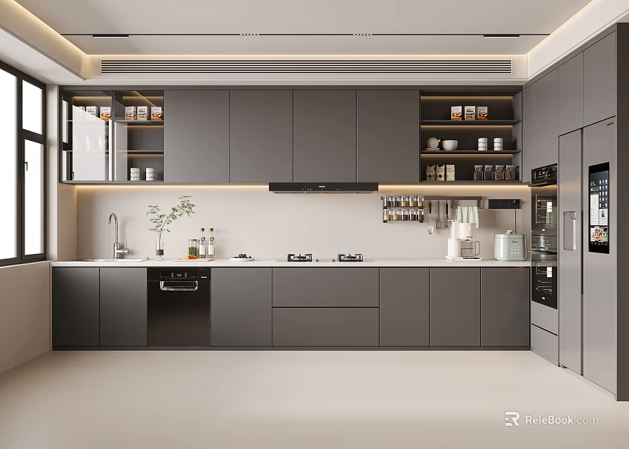 Modern Kitchen Interior With Gray Cabinets White Countertops Appliances And Windows 3d model 