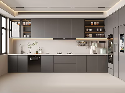 Modern Kitchen Interior With Gray Cabinets White Countertops Appliances And Windows 3d model