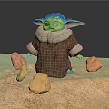 Grogu Green Alien Child In Brown Fur Collar Coat With Floating Stones On Sandy Ground