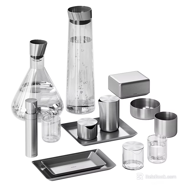 Modern Tableware Set with Glass Bottles Metal Containers and Serving Trays 3d model 