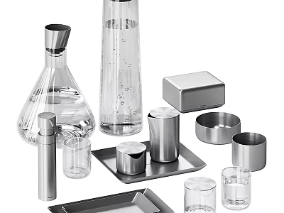 Modern Tableware Set with Glass Bottles Metal Containers and Serving Trays 3d model