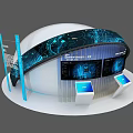 Modern Exhibition Island Featuring White Curved Design Blue Screen City Night View And Circular Base