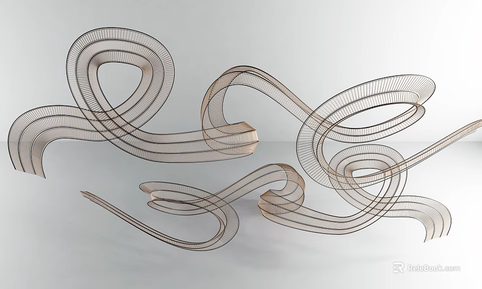 Abstract Wall Hanging With Curved Metal Wires And Flowing Metallic Brown Lines Design 3d model 