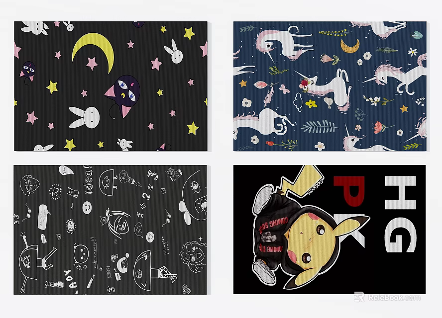 Square Carpet with Cartoon Moon Stars Rabbits Unicorns and Pikachu Designs for Kids Room 3d model 