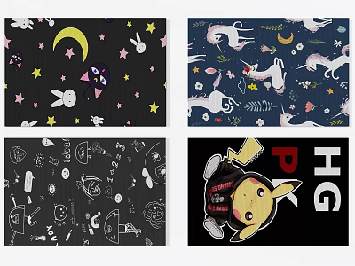 Square Carpet with Cartoon Moon Stars Rabbits Unicorns and Pikachu Designs for Kids Room 3d model