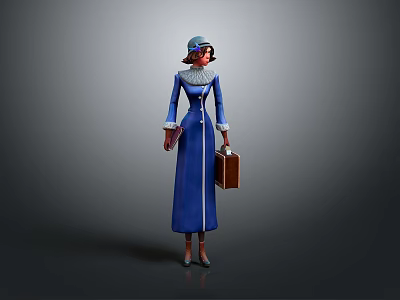 Vintage Female Character In Blue Long Dress With Hat And Brown Briefcase 3d model