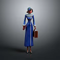 Vintage Female Character In Blue Long Dress With Hat And Brown Briefcase