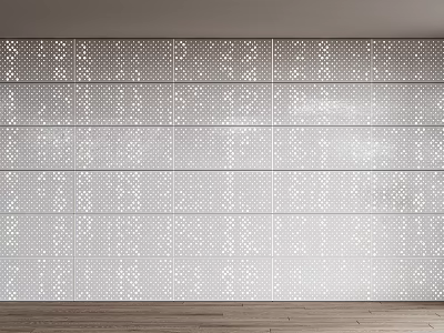 White Perforated Background Wall Design With Uniform Circular Holes And Wooden Floor 3d model