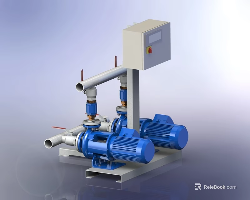 Industrial Pump Equipment With Blue Motors Silver Pipes Control Box And Support Structure 3d model