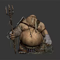 Fat Fantasy Character Holding Trident With Tattered Clothes And Net