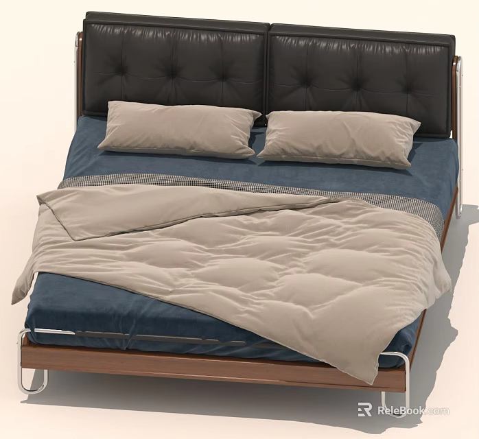 Modern Bed Design With Black Leather Headboard Beige Pillows Blue Sheet And Beige Quilt 3d model 