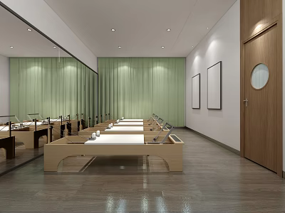 Spacious Fitness Studio Interior With Mirror Walls Green Curtains And Wooden Floors 3d model