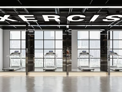 Spacious Modern Fitness Gym Interior With Treadmills Large Windows And Exercise Sign 3d model